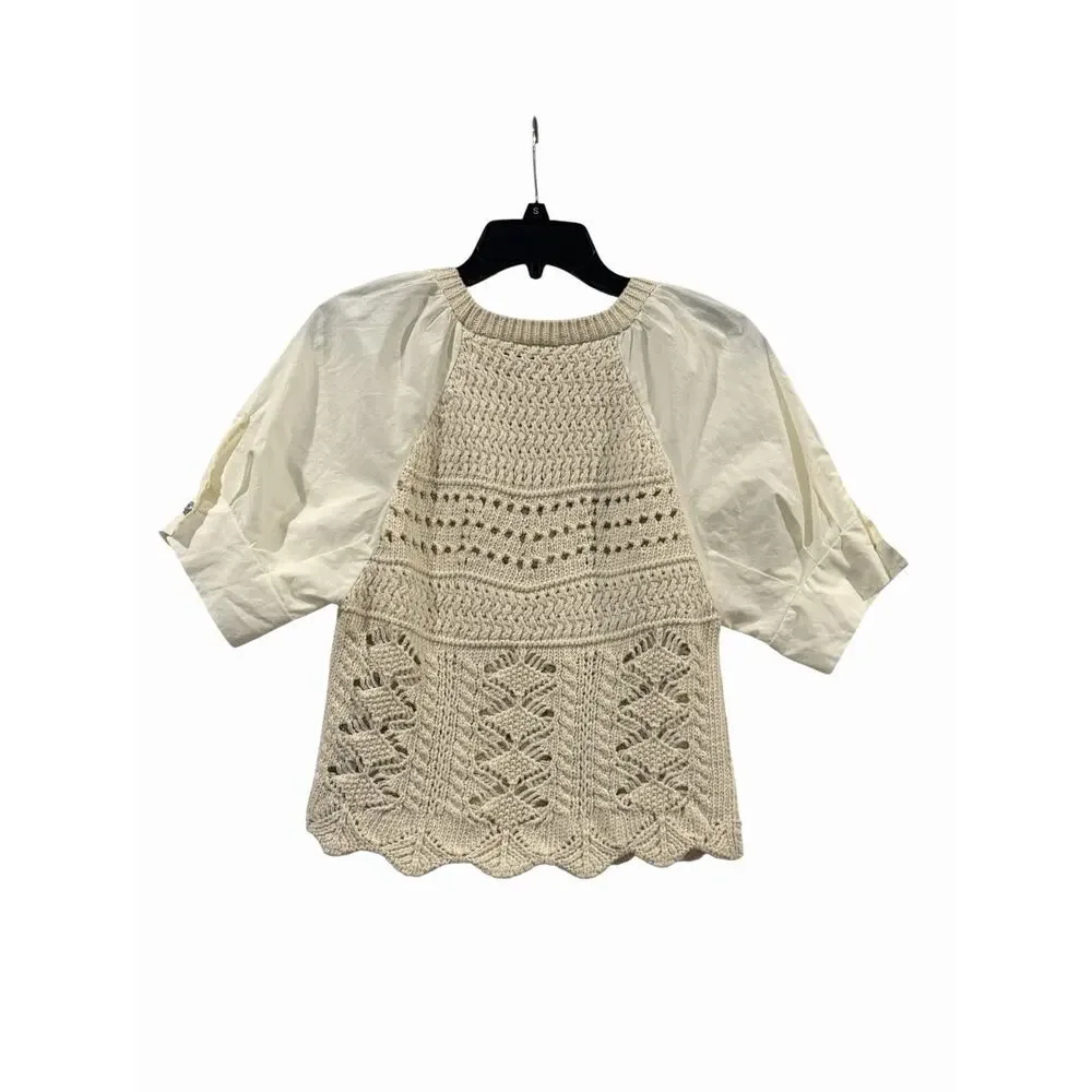 Zara Combination Top Crochet Poplin Puff Sleeves Size M Preppy Cotton